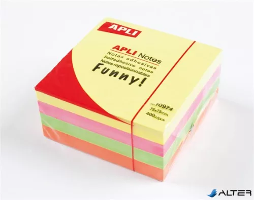 Öntapadó jegyzettömb, 75x75 mm, 400 lap, APLI "Funny", neon