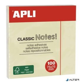   Öntapadó jegyzettömb, 75x75 mm, 100 lap, APLI "Classic", sárga