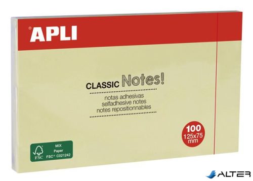 Öntapadó jegyzettömb, 125x75 mm, 100 lap, APLI "Classic", sárga