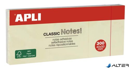 Öntapadó jegyzettömb, 40x50 mm, 3x100 lap, APLI "Classic", sárga