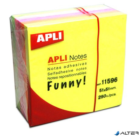 Öntapadó jegyzettömb, 51x51 mm, 250 lap, APLI "Funny", neon