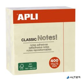   Öntapadó jegyzettömb, 75x75 mm, 400 lap, APLI "Classic", sárga