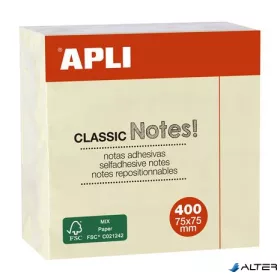   Öntapadó jegyzettömb, 75x75 mm, 400 lap, APLI "Classic", sárga