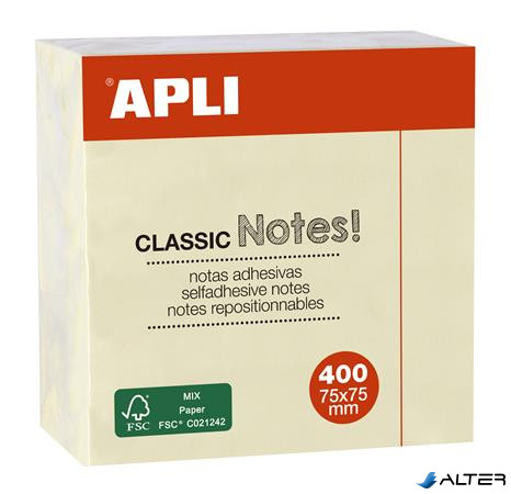 Öntapadó jegyzettömb, 75x75 mm, 400 lap, APLI "Classic", sárga