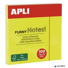   Öntapadó jegyzettömb, 75x75 mm, 100 lap, APLI 'Funny', neon sárga