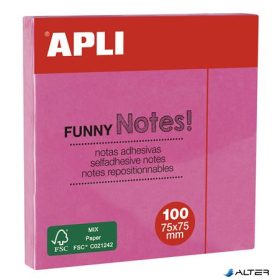   Öntapadó jegyzettömb, 75x75 mm, 100 lap, APLI 'Funny', neon rózsaszín