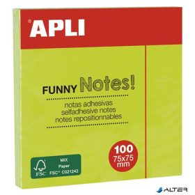   Öntapadó jegyzettömb, 75x75 mm, 100 lap, APLI 'Funny', neon zöld