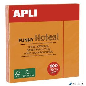   Öntapadó jegyzettömb, 75x75 mm, 100 lap, APLI 'Funny', neon narancs