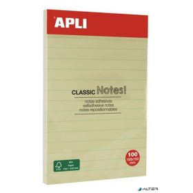   Öntapadó jegyzettömb, vonalas, 100x150 mm, 100 lap, APLI 'Classic', sárga