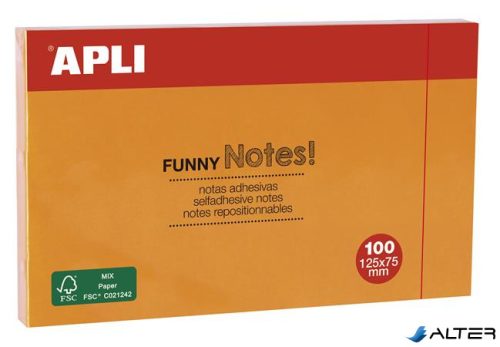 Öntapadó jegyzettömb, 125x75 mm, 100 lap, APLI "Funny", narancssárga