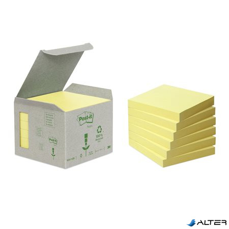 Öntapadó jegyzettömb, 76x76 mm, 6x100 lap, környezetbarát, 3M POSTIT, sárga