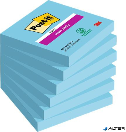 Öntapadó jegyzettömb, 76x76 mm, 6x90 lap, 3M POSTIT "Super Sticky", kék