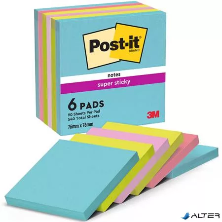Öntapadó jegyzettömb, 76x76 mm, 6x90 lap, 3M POSTIT "Super Sticky", "Cosmic", vegyes színek
