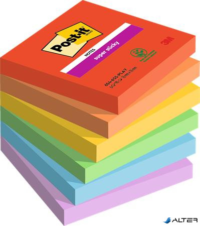 Öntapadó jegyzettömb, 76x76 mm, 6x90 lap, 3M POSTIT 'Super Sticky Playful', vegyes színek