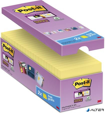 Öntapadó jegyzettömb csomag, 76x76 mm, 16x90 lap, 3M POSTIT "Super Sticky", kanárisárga