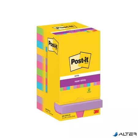 Öntapadó jegyzettömb, 76x76 mm, 12x90 lap, 3M POSTIT "Super Sticky", vegyes