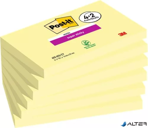Öntapadó jegyzettömb, 76x127 mm, 4+2x90 lap, 3M POSTIT "Super Sticky", kanári sárga