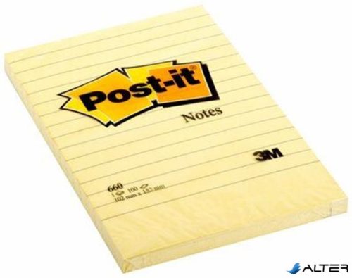 Öntapadó jegyzettömb, 102x152 mm, 100 lap, vonalas, 3M POSTIT, sárga