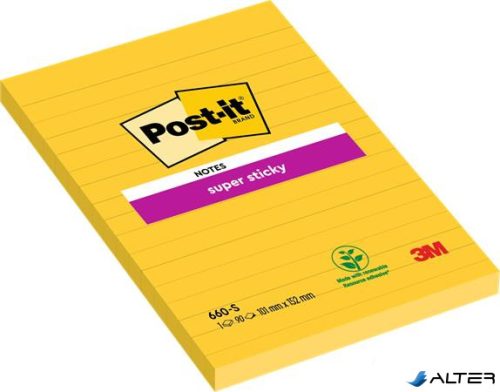 Öntapadó jegyzettömb, 102x152 mm, 90 lap, vonalas, 3M POSTIT 'Super Sticky', sárga