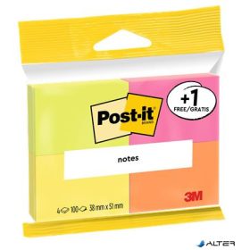   Öntapadó jegyzettömb, 38x51 mm, 4x100 lap, 3M POSTIT, 'Neon'