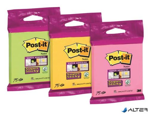 Öntapadó jegyzettömb, 76×76 mm, 75 lap, 3M POSTIT 'Super Sticky', vegyes