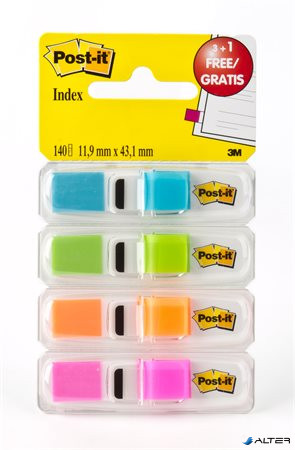 Jelölőcímke adagolóban, műanyag, 4x35 lap, 12x43 mm, 3M POSTIT, élénk színek