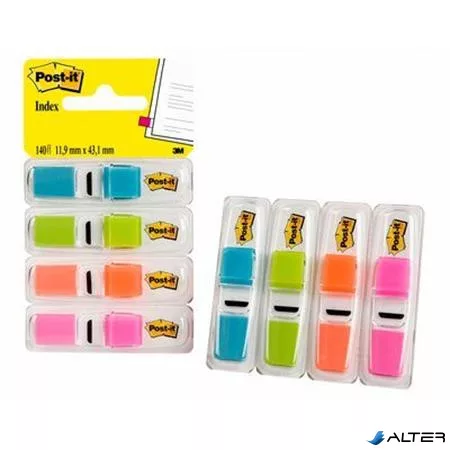 Jelölőcímke adagolóban, műanyag, 4x35 lap, 12x43 mm, 3M POSTIT, élénk színek