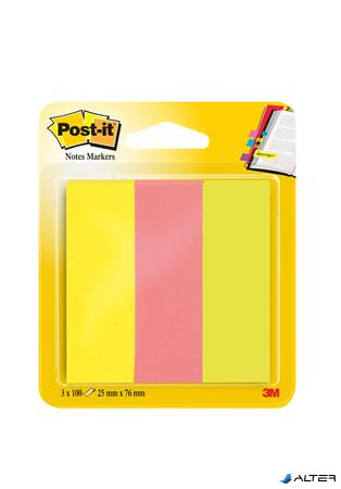 Jelölőcímke, papír, 3x100 lap, 25x76 mm, 3M POSTIT, vegyes neon színek