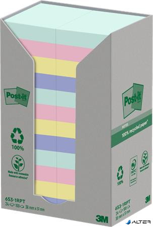Öntapadó jegyzettömb, 38x51 mm, 24x100 lap, környezetbarát, 3M POSTIT "Nature", vegyes pasztell színek