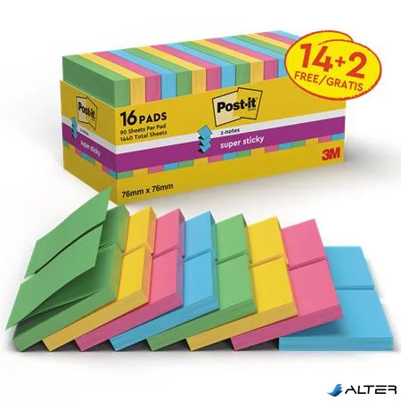 Öntapadó jegyzettömb csomag, "Z", 76x76 mm, 16x90 lap, 3M POSTIT, "Super Sticky", vegyes