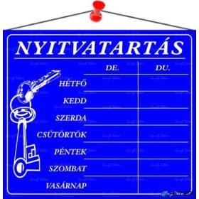   Információs tábla, 20x17,5 cm, 'Nyitvatartás', kék