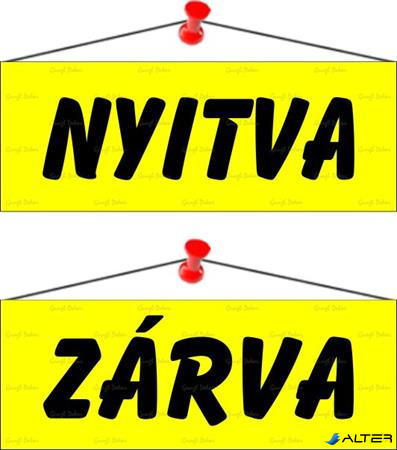 Információs tábla, 22x8,5 cm, kétoldalas, "Nyitva/Zárva", sárga