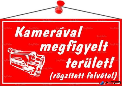 Információs tábla, 22,5x12,5 cm, "Kamerával megfigyelt terület", piros