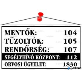   Információs tábla, 22,5x12,5 cm, 'Mentők tűzoltók, rendőrség telefonszámok', fehér
