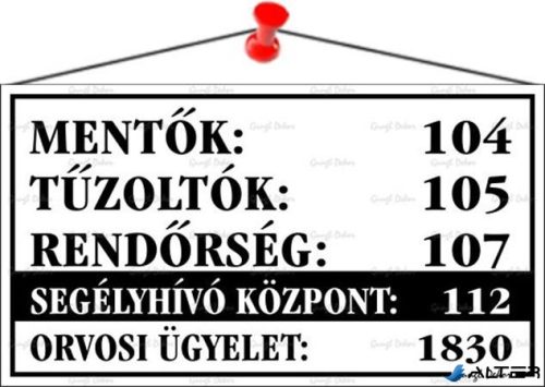 Információs tábla, 22,5x12,5 cm, "Mentők tűzoltók, rendőrség telefonszámok", fehér