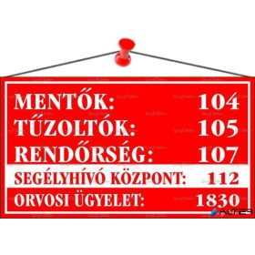   Információs tábla, 22,5x12,5 cm, 'Mentők tűzoltók, rendőrség telefonszámok', piros