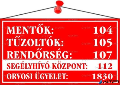 Információs tábla, 22,5x12,5 cm, "Mentők tűzoltók, rendőrség telefonszámok", piros