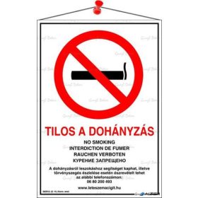  Információs tábla, 21x30 cm, többnyelvű, 'Tilos a dohányzás!'