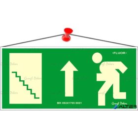   Információs tábla, 25x11,5 cm, fluoreszkáló, utánvilágítós, 'Menekülési irány fel, lépcső balra'