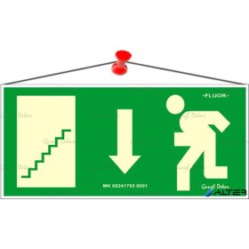   Információs tábla, 25x11,5 cm, fluoreszkáló, utánvilágítós, 'Menekülési irány le, lépcső balra'