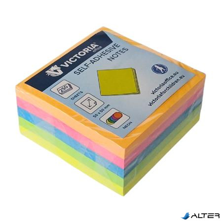Öntapadó jegyzettömb, 50x50 mm, 250 lap, VICTORIA OFFICE, neon