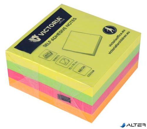 Öntapadó jegyzettömb, 75x75 mm, 400 lap, VICTORIA OFFICE, neon