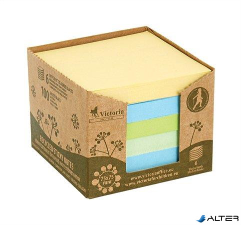 Öntapadó jegyzettömbtorony, 75x75 mm, 6x100 lap, környezetbarát, VICTORIA OFFICE, "Green", vegyes