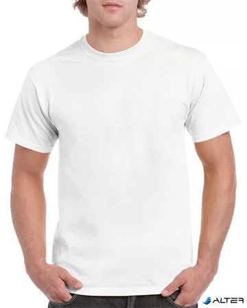 Póló, férfi, környakú, 100% pamut, L méret "Gildan", fehér