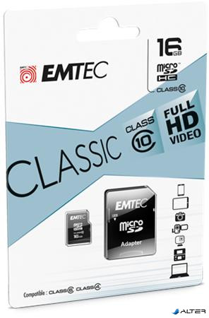 Memóriakártya, microSDHC, 16GB, CL10, 20/12 MB/s, adapter, EMTEC 'Classic'
