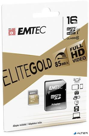 Memóriakártya, microSDHC, 16GB, UHS-I/U1, 85/20 MB/s, adapter, EMTEC 'Elite Gold'