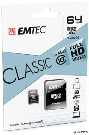 Memóriakártya, microSDXC, 64GB, CL10, 20/12 MB/s, adapter, EMTEC 'Classic'