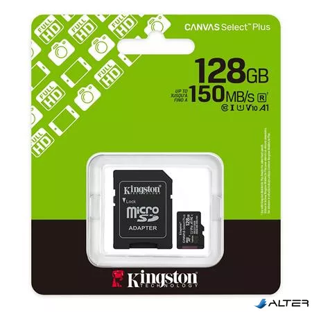 Memóriakártya, microSDXC, 128GB, C10/UHS-I/U1/V10/A1, Gen3, adapter, KINGSTON "Canvas Select Plus"