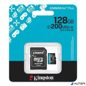  Memóriakártya, microSDXC, 128GB, C10/UHS-I/U3/V30/A2, Gen4, adapter, KINGSTON "Canvas Go! Plus"