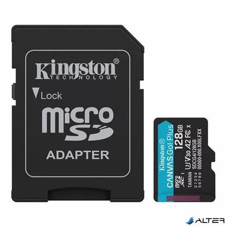 Memóriakártya, microSDXC, 128GB, C10/UHS-I/U3/V30/A2, Gen4, adapter, KINGSTON "Canvas Go! Plus"